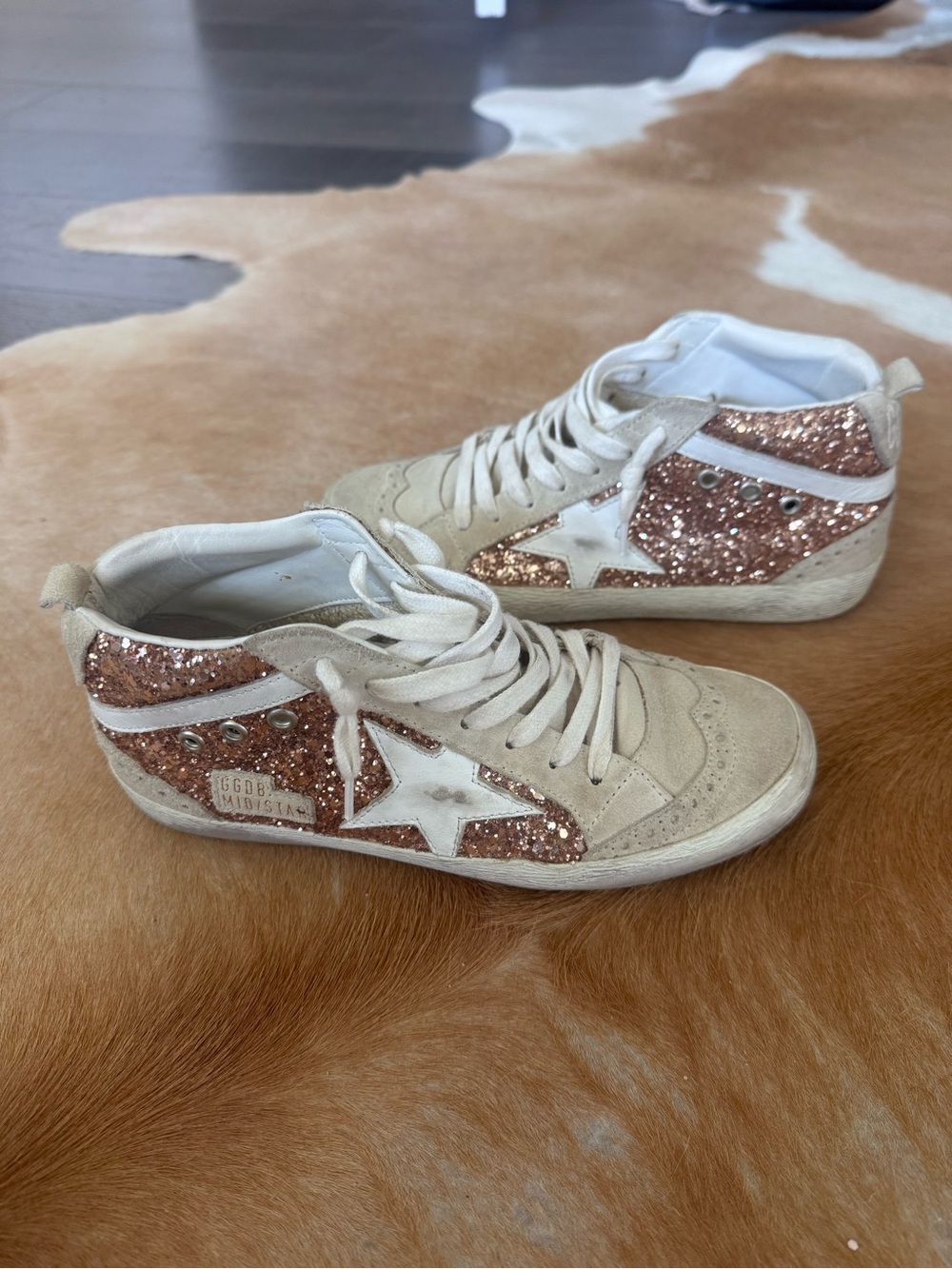 Golden Goose Beige Suede High-Top Sneakers with Rose Gold Glitter Star